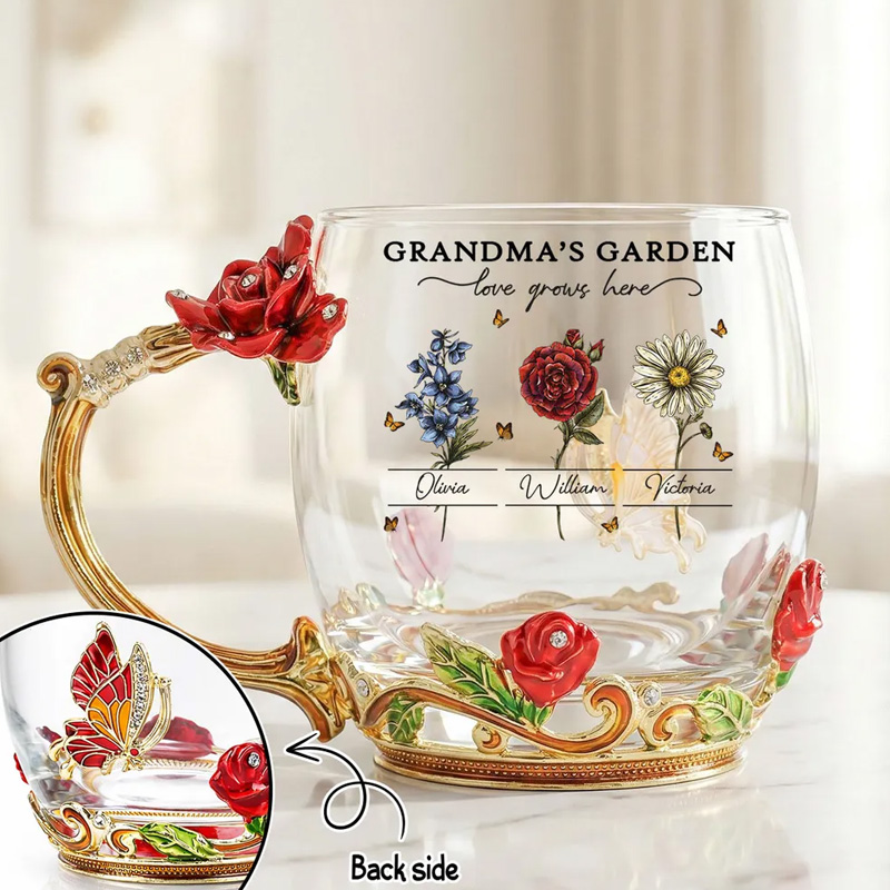Personalized Grandma's Garden Enamel Flower Tea Cup with Custom Birth Month Flowers, Vintage-Inspired Unique Gift for Grandma