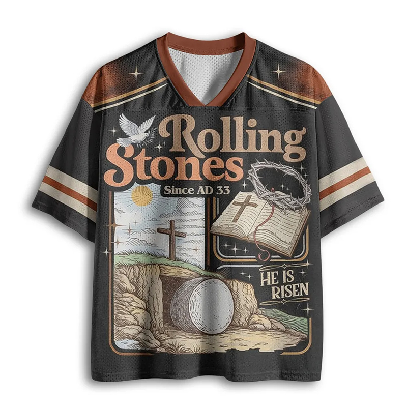 Personalized Rolling Stones He Is Risen Mesh Football Jersey Custom Name and Number Religious Easter Gift for Faithful Fans