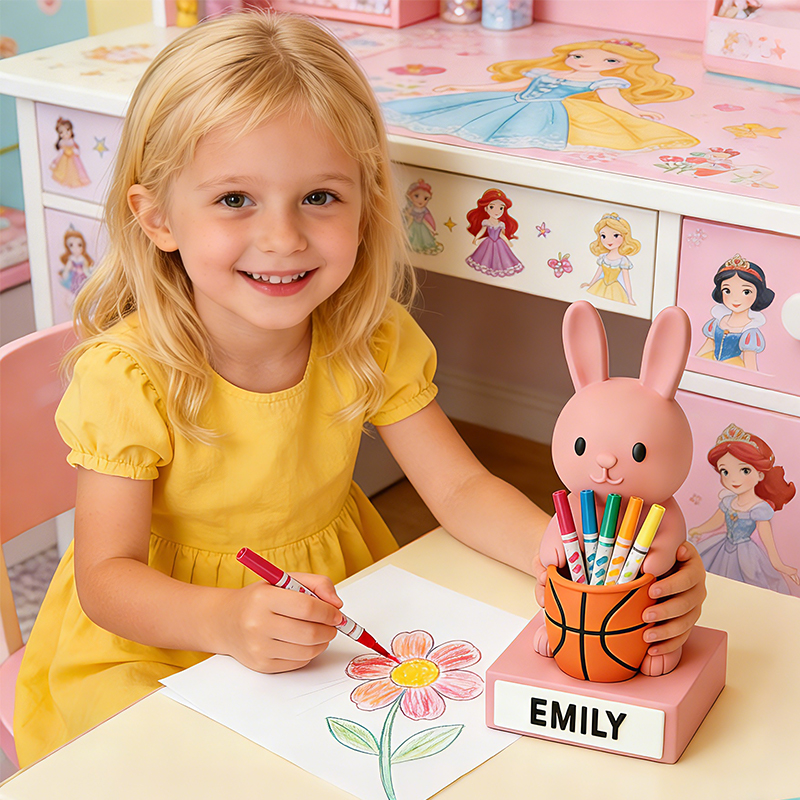 Personalized Basketball Bunny 3D Printed Pen Holder with Custom Name for Kids and Students