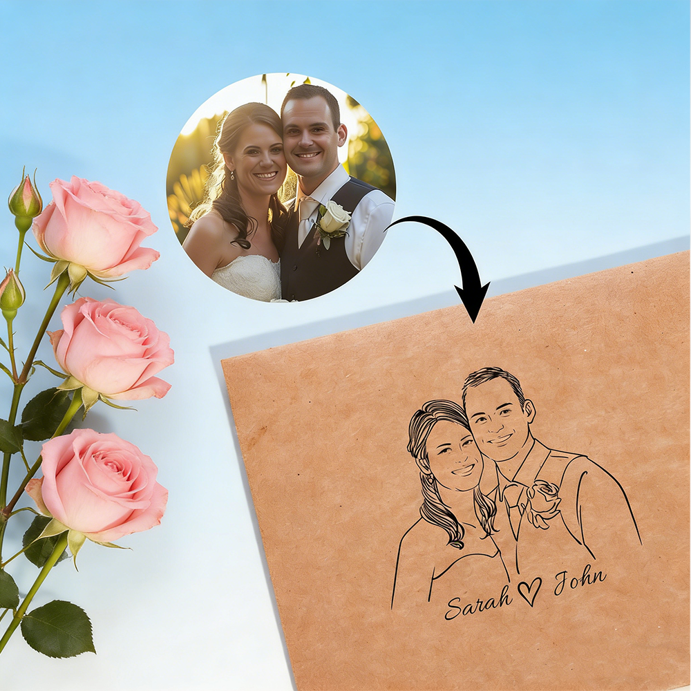Personalized Photo Wedding Invitation Set Personalized Couple Portrait Sketch Invite With Custom Monogram Stamp And Kraft Envelope