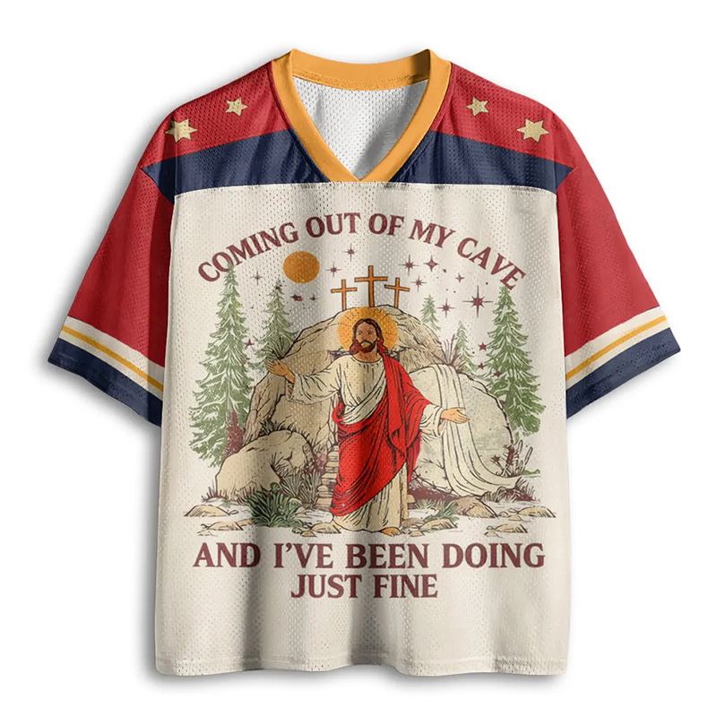 Personalized Coming Out of My Cave Mesh Football Jersey Custom Name and Number Christian Resurrection Shirt for Faithful Men Women