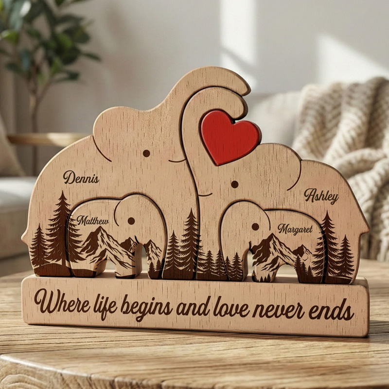 Personalized Custom Engraved Family Name Gift Home Decor Anniversary Present Love Keepsake Elephant Family Wooden Puzzle