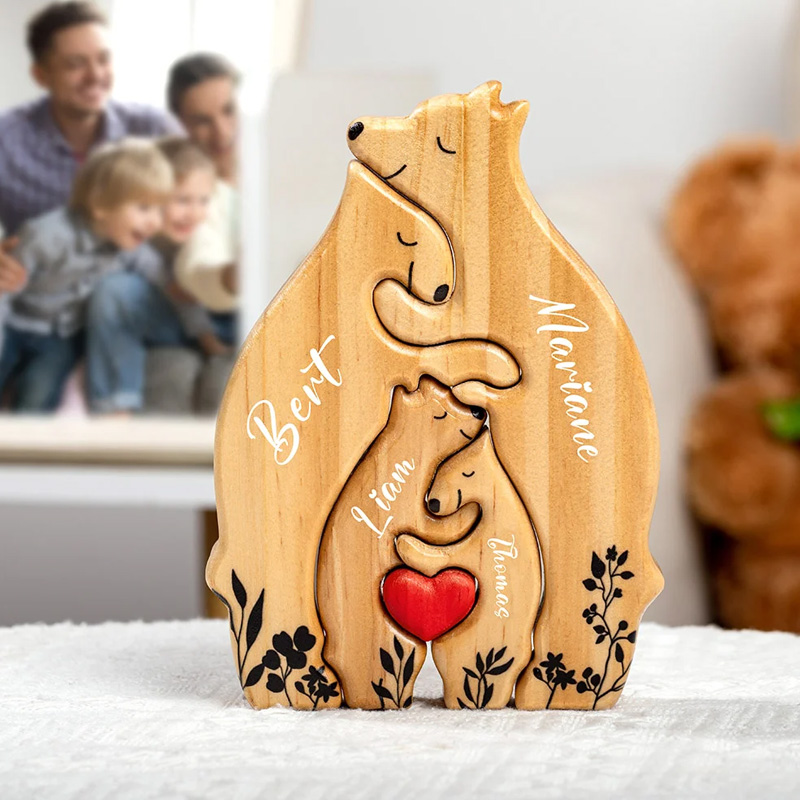 Personalized Wooden Bear Family Puzzle with 2-6 Names and Red Heart Desk Decoration Birthday Mother's Day Gift for Family