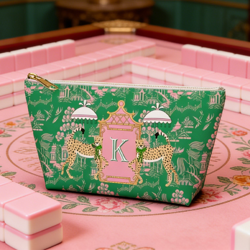 Personalized Mahjong Zip Bag Tile Pouch Travel Tech Game Bag Chinoiserie Preppy Large Monogram Letter Initial Dice Toile