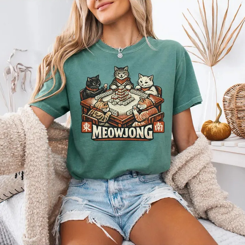 Comfort Colors Meowjong Tee Funny Mahjong Club Shirt Retro Cats Illustration Unique Mahjong Player Gift for Him Her