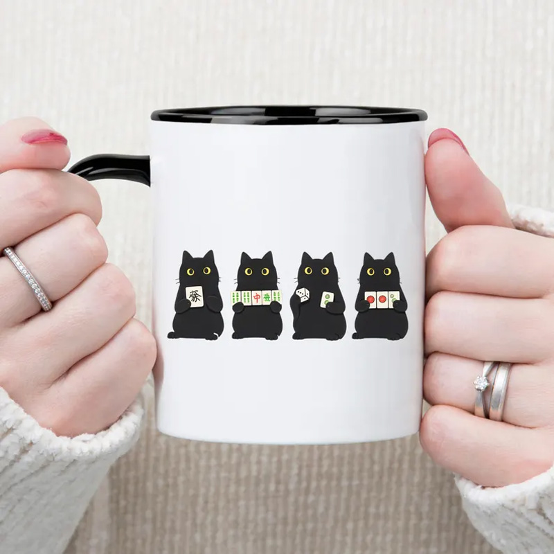 Cat Lover Gift Cute Black Cats Funny Coffee Tea Cup for Game Fans Mahjong Mug