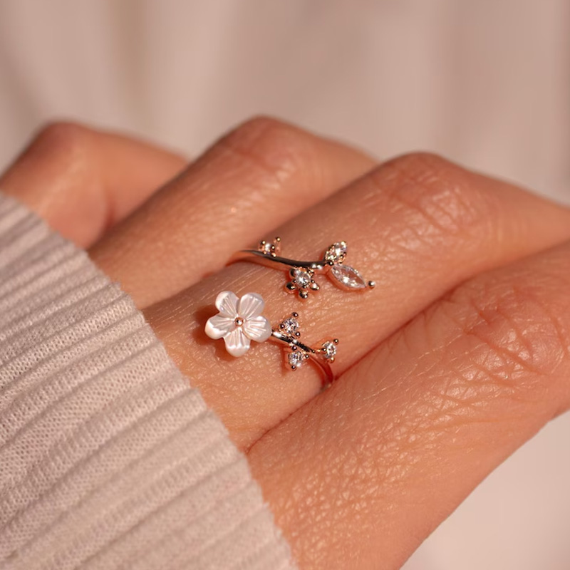 Personalized Birth Flower Ring Mother of Pearl Sakura Rings Adjustable Delicate Personalized Birthstone Gift Mather's Day Gift