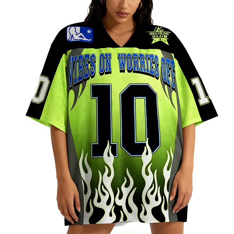 Personalized Green Flame Mesh Jersey Custom Number Vibes On Worries Off Y2K Sportswear