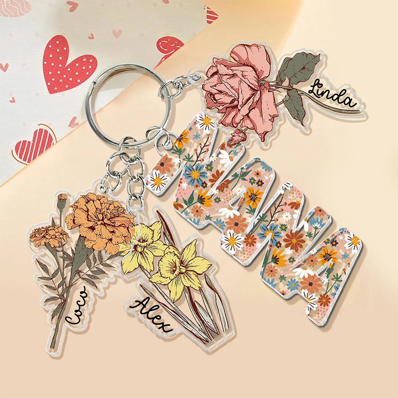 Personalized Mother's Day Gift For Mom Custom Grandma Keychain With Birth Month Flowers Charm Mama Keychain Gift From Kids Grandma Gifts