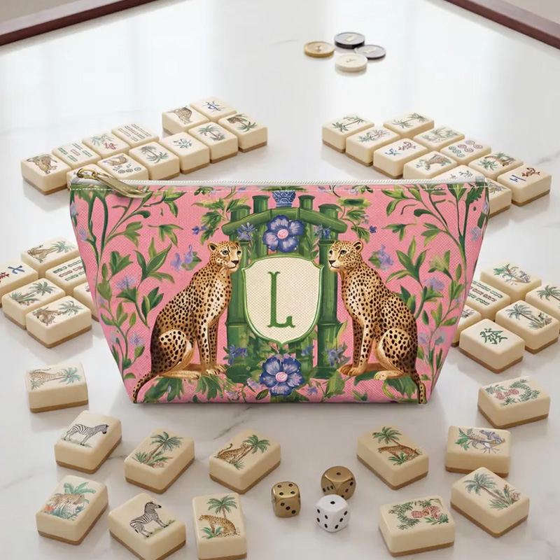 Personalized Custom Initial Gift Luxury Leopard Floral Print Storage Organizer Pouch for Game Lovers Mahjong Tile Bag