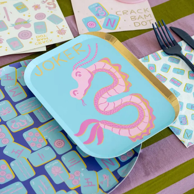 Colorful Dragon Pattern Fun Party Tableware Gift Set for Mahjong Lovers Mahjong Tile Dinner Plates