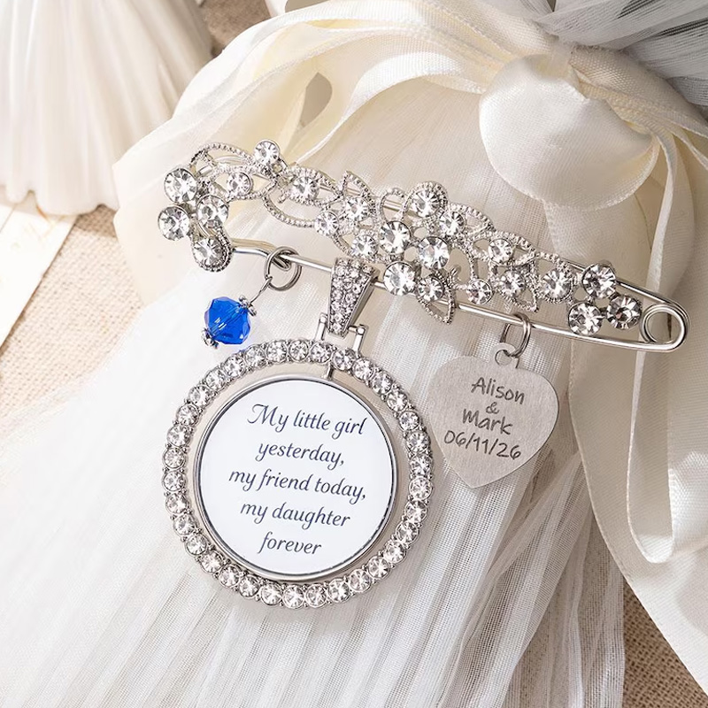 Personalized Something Blue Wedding Bouquet Charm Photo and Engraved Heart Brooch Memorial Rhinestone Pearl Gift for Bride
