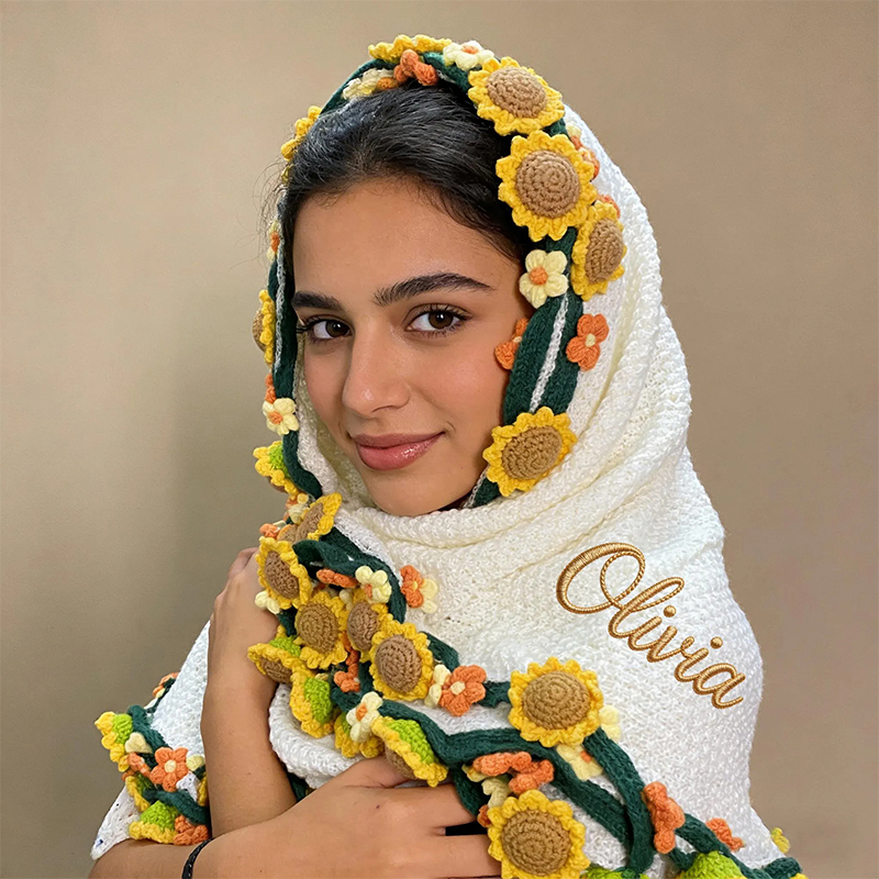 Personalized Crochet Sunflower Bouquet Blanket Custom Name Floral Edge Knit Throw for Her Anniversary Birthday Mother's Day Gift 