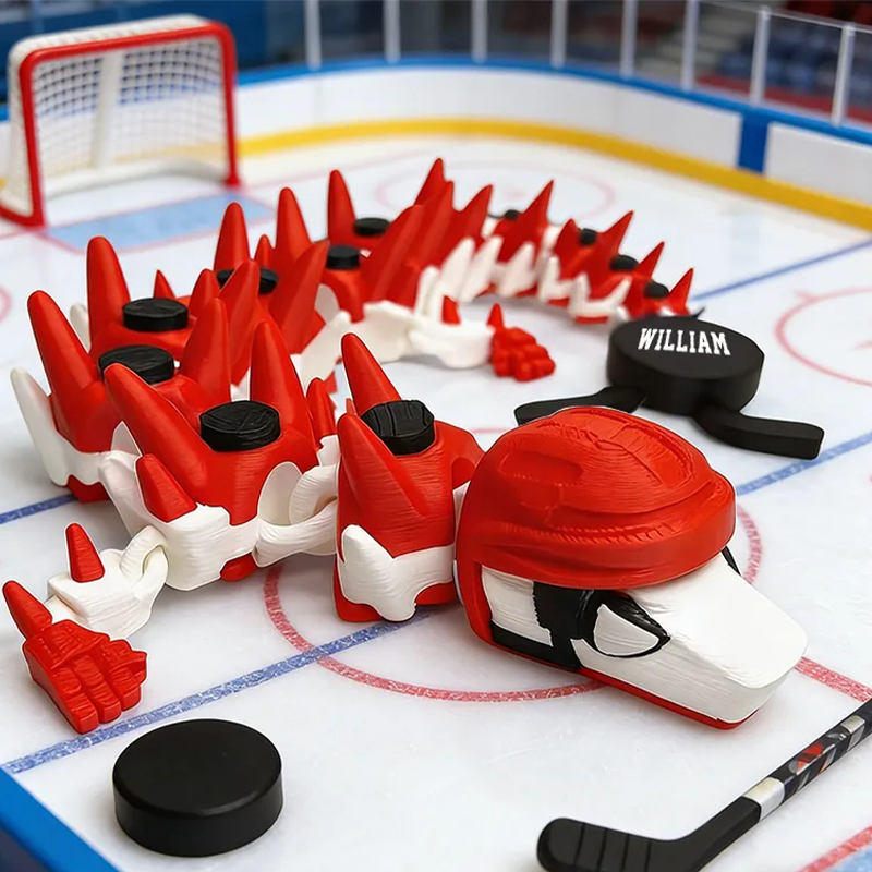 Personalized Ice Hockey Articulated Dragon Toy with Customizable Name Design