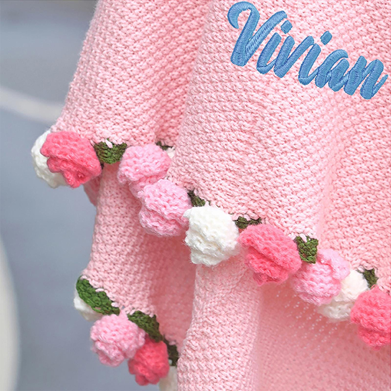 Personalized Pink Crochet Rose Bouquet Blanket Flower Blanket Custom Name Floral Knit Wrap for Her Mother's Day Gift