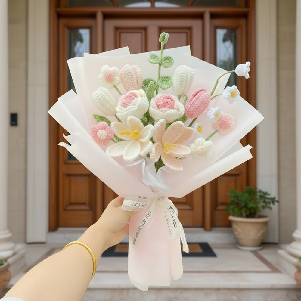 Handmade Crochet Flower Bouquet Customizable Artificial Floral Arrangement Ideal For Weddings Thank You Gifts And Valentine’s Day