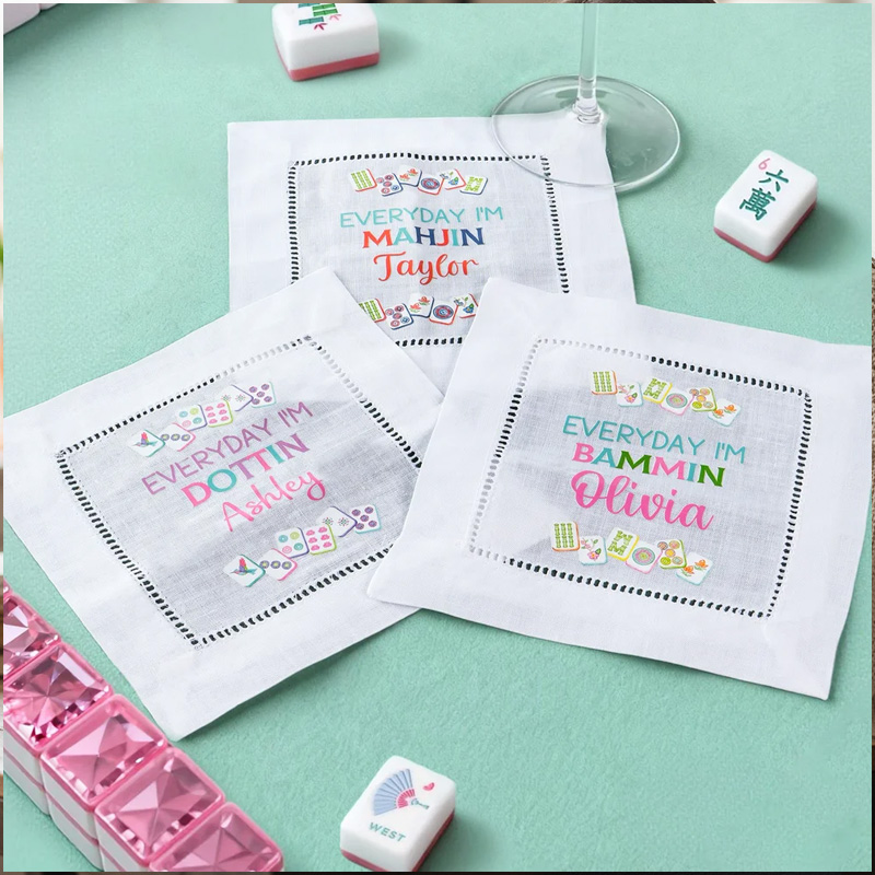 Personalized Multicolor Mahjong Design Linen Cocktail Napkin with Name Party Home Decor Birthday Gift for Family Friends Mahjong Lovers