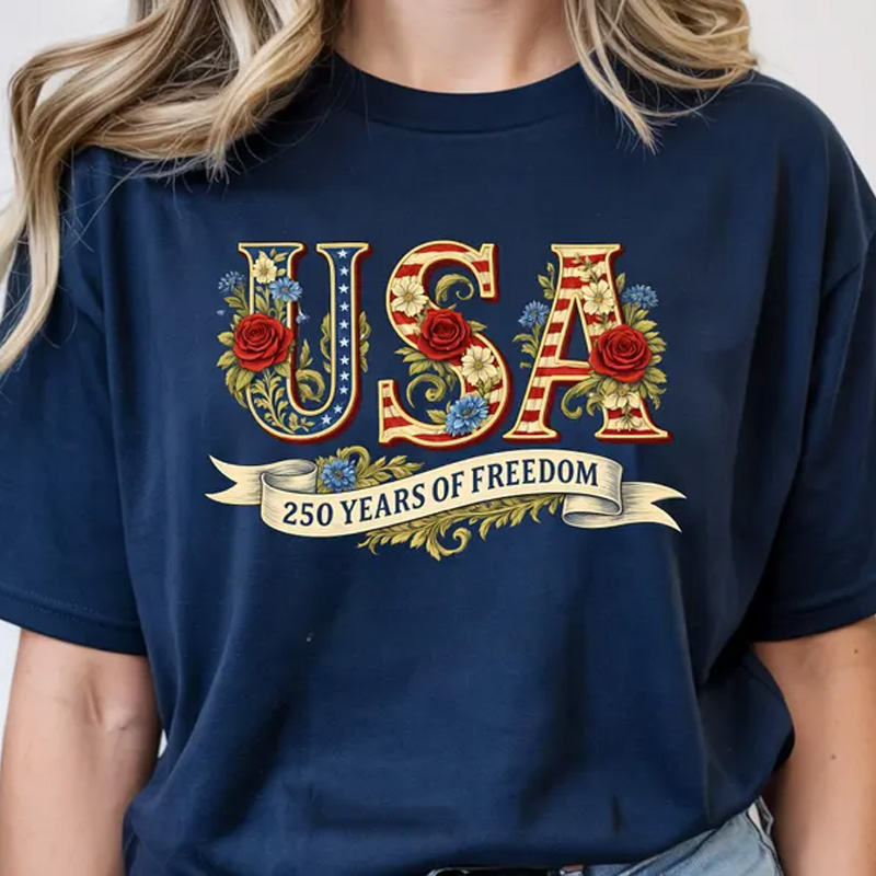 Vintage Patriotic USA 250 Years of Freedom Floral Graphic Casual Summer Independence Celebration T Shirt