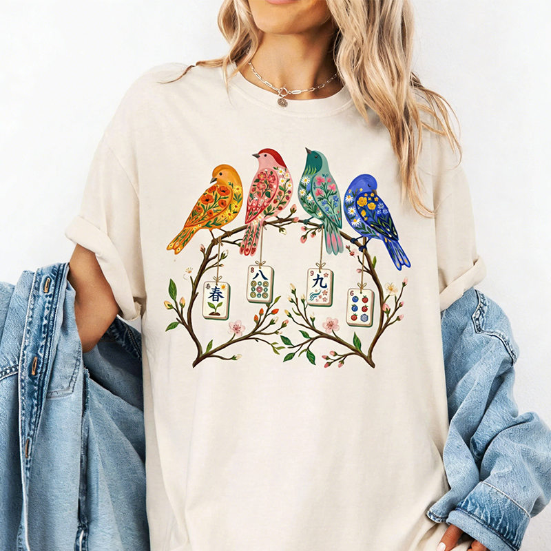 Mahjong Bird on Tile Branch T-Shirt Spring Mahjong Shirt Girls Night Game Mahjong Love Spring Mahjong Bird Shirt Mother's Day Gift for Mahjong Lover Mama