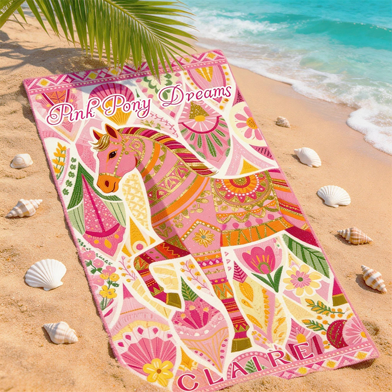 Personalized Pink Pony Beach Towel Custom Name Boho Horse Beach Towel for Girls 