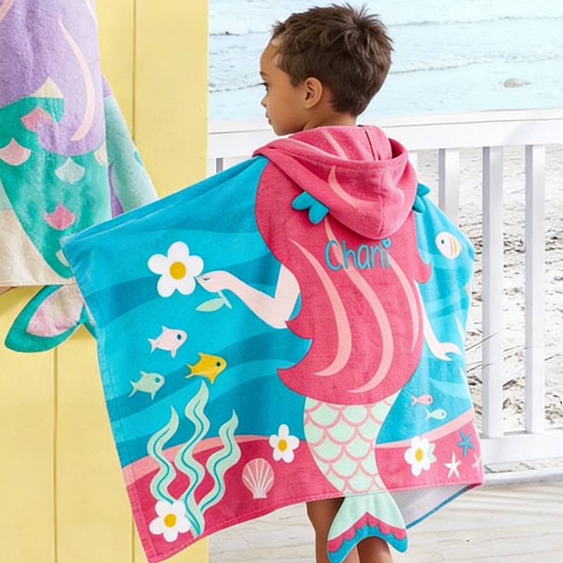 Personalized Colorful Ocean Underwater Adventure Soft Absorbent Kids Bath Pool Swim Cover Up Fun Hooded Beach Towels