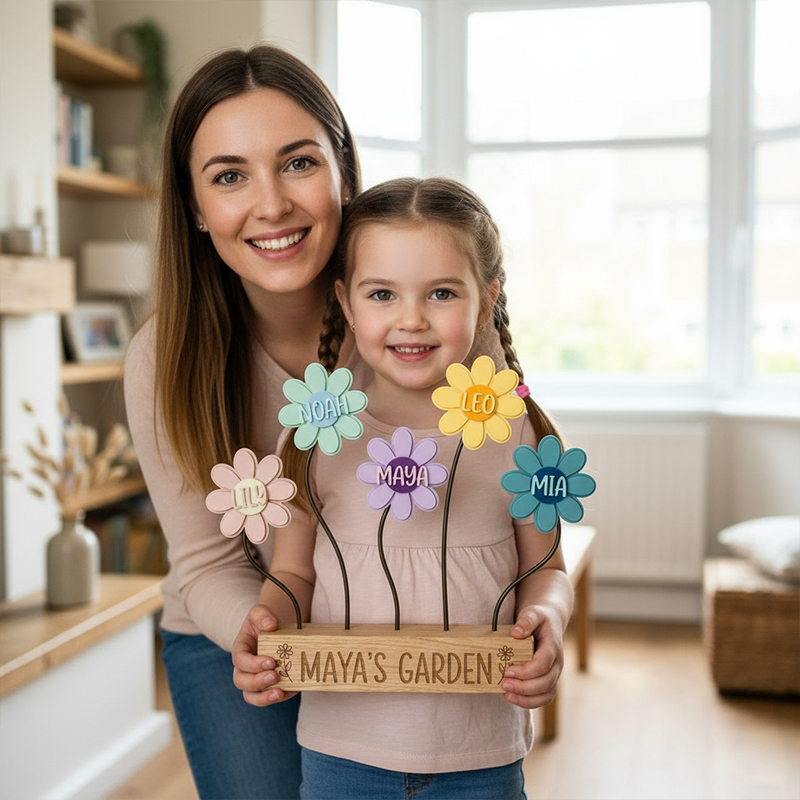 Personalized Family Flower Garden Decor  Custom Name  Wood  Sign  Gift for Mom  Grandma  Kids  Mother Day Home Table Decoration
