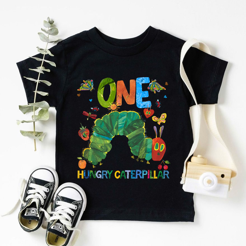 Personalized Colorful Name Age Print Cute Baby Outfit Fun Celebration Party Outfit Soft Cotton Toddler Tee Personalized Hungry Caterpillar First Birthday Shirt