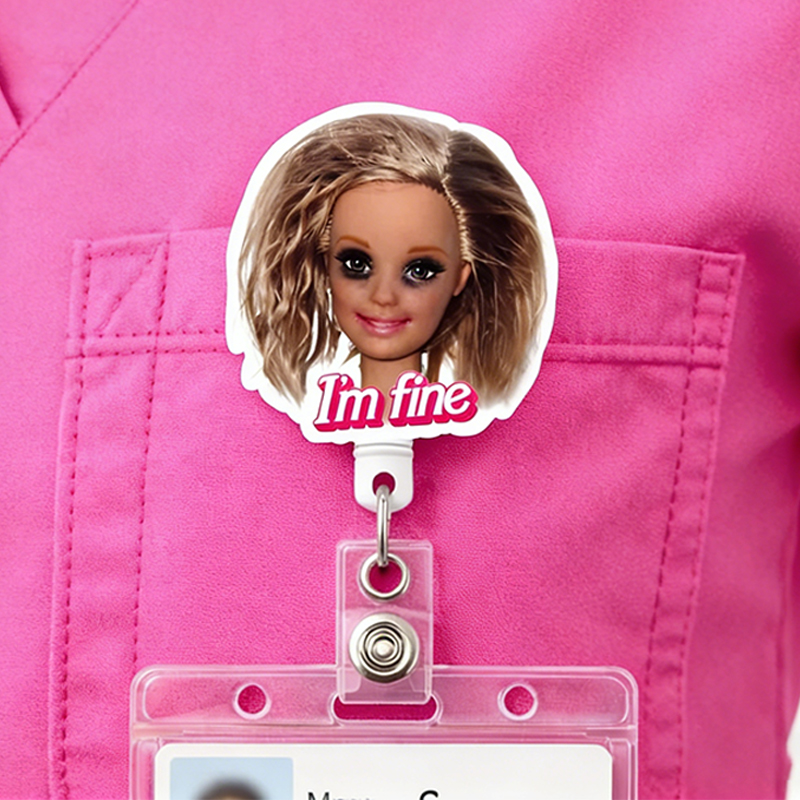 Personalized Relatable Meme Badge Reel  I'm Fine Doll Badge Funny Nurse Badge Busted Doll ID Holder for Overworked Professionals
