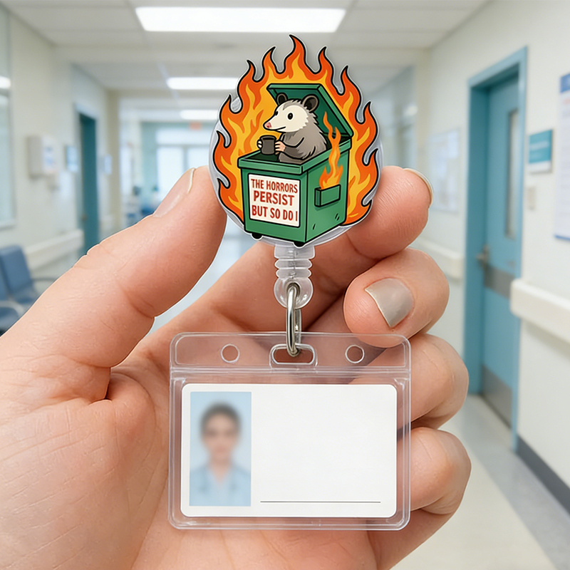 Personalized Possum Badge Reel Funny Dumpster Fire Nurse ID Holder Retractable Clip for Office and Hospital Staff