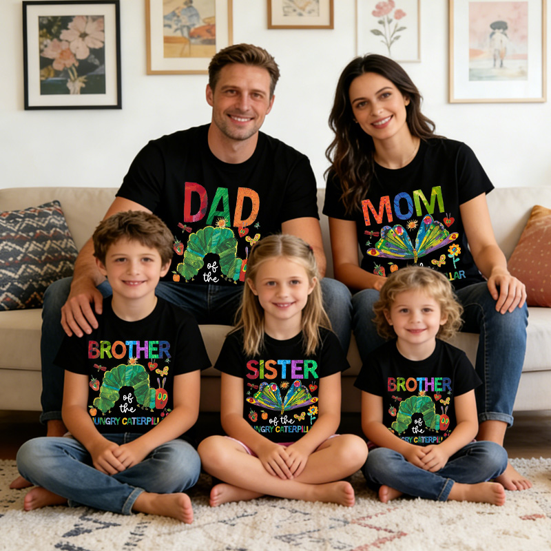 Personalized Cute Hungry Caterpillar Print Custom Family Outfit Fun Coordinated Parent Child T Shirt Set Personalized Family Matching