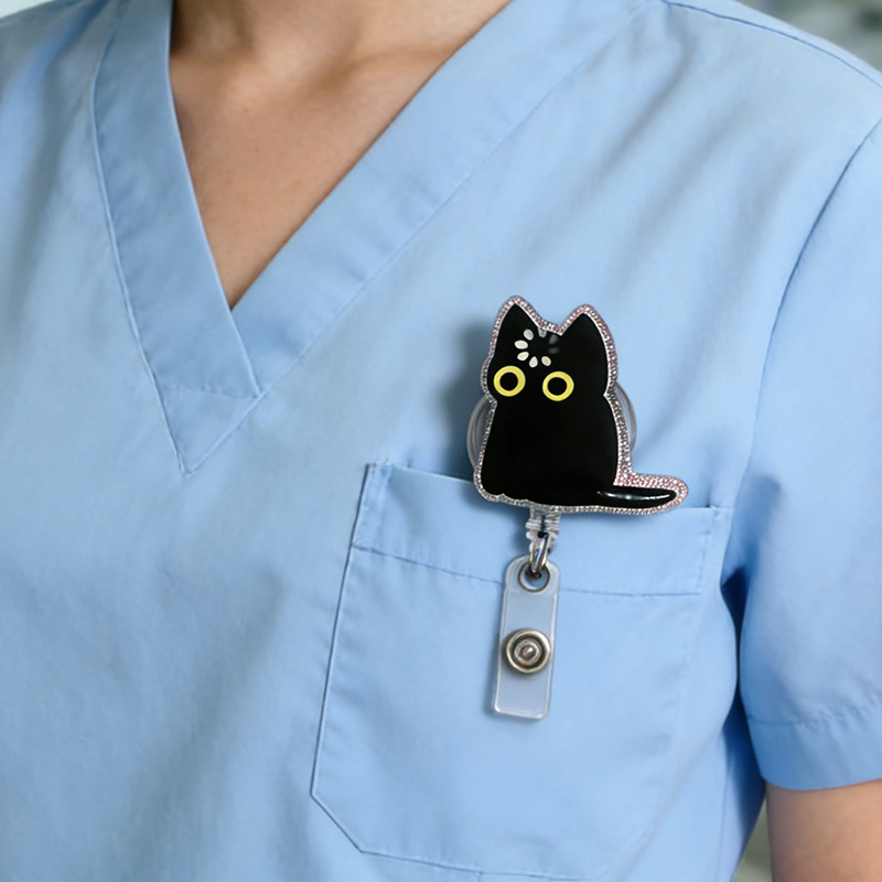 Personalized Black Cat Loading Badge Reel Funny Void Cat Meme Retractable ID Holder for Medical and Office Staff