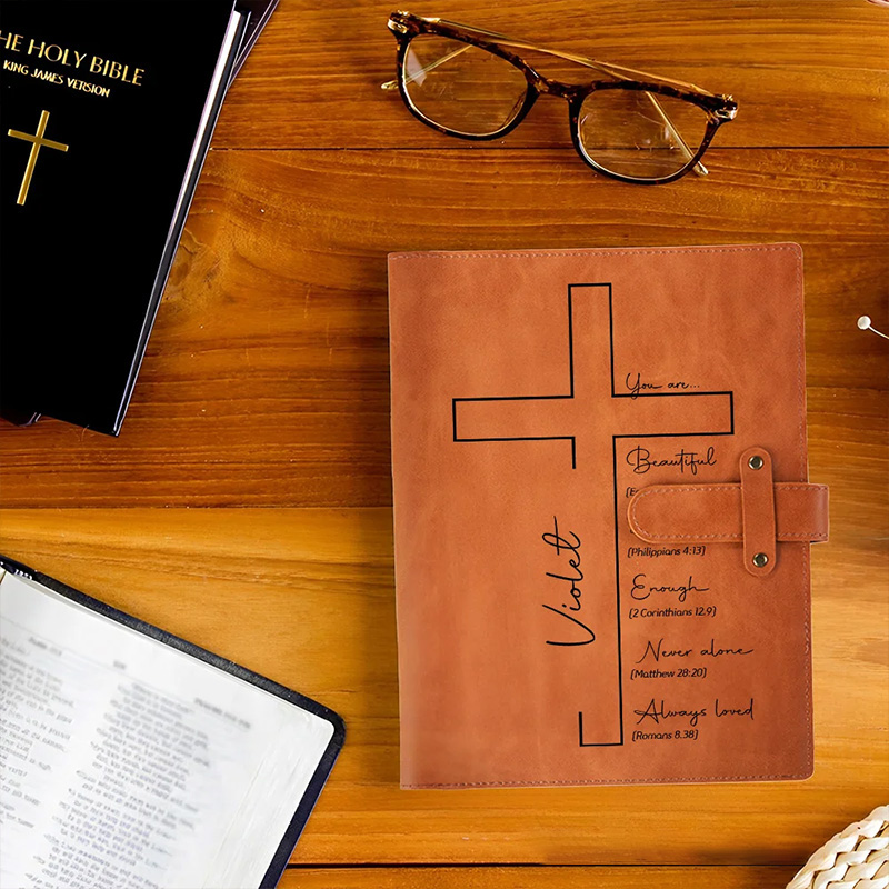 Personalized Cross Bible Verse Portable A5 Leather Notebook Cover with Pocket Birthday Religious Baptism Gift for Family Friends Christians