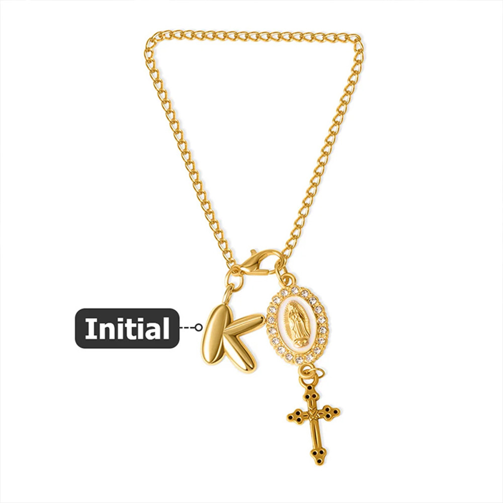 Personalized Zircon Virgin Mary & Cross Steering Wheel Rosary Charm with Bubble Initial – Car Decor, Prayer & Safety Gift for Christian Drivers