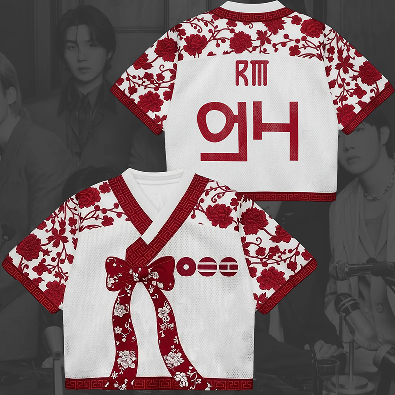 Personalized K-Pop Fan Jersey Red Floral Hanbok Style Mesh Crop Jersey Concert Jersey for Fans