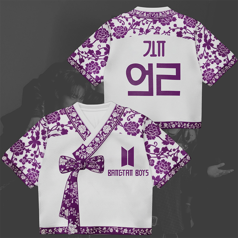 Personalized Bangtan Boys Hanbok Crop Jersey BTS K-Pop Flowery Purple Arirang World Tour Hanbok Style Mixed Mesh Jersey Gift For Army