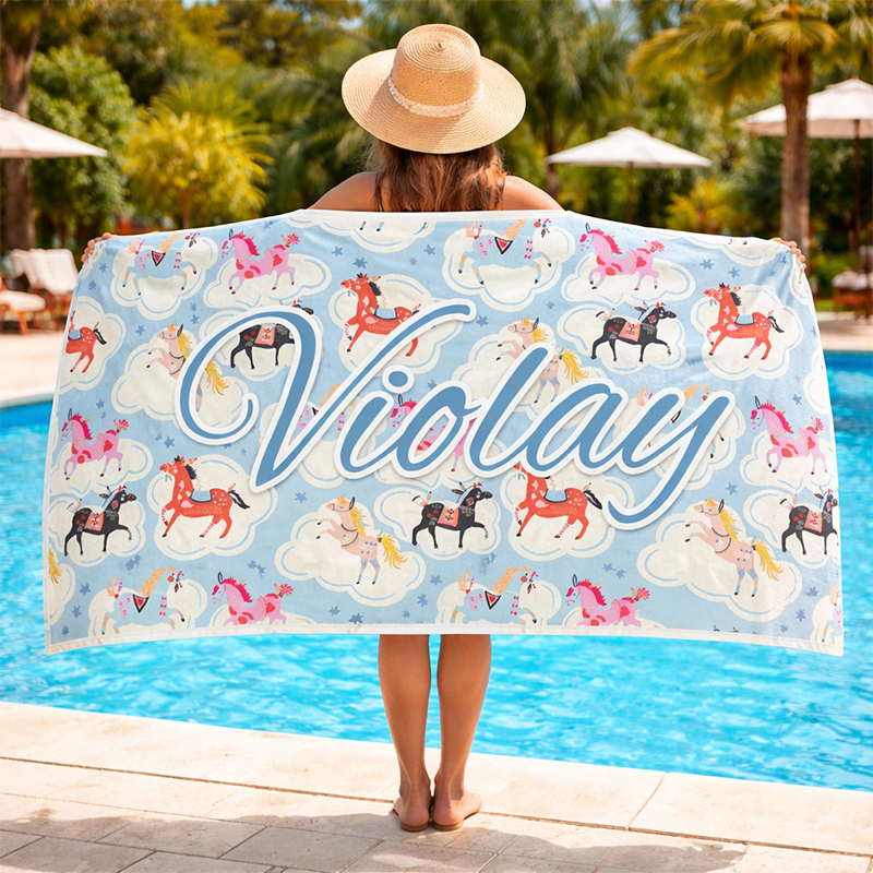 Personalized Whimsical Carousel Beach Towel Custom Text Vintage Horse Beach Towel Summer Gifts for Beach Lovers