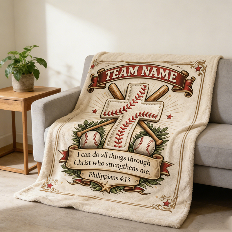 Personalized Baseball Blanket with Family Name and Inspirational Verse for Sports Enthusiasts and Believers Alike