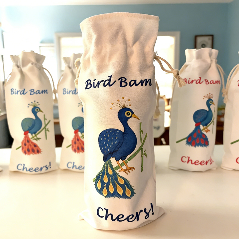 Colorful Fun Reusable Party Gift Bag Peacock Print Beverage Carrier Entertaining Accessory Mahjong Bird Bam Canvas Wine Totes