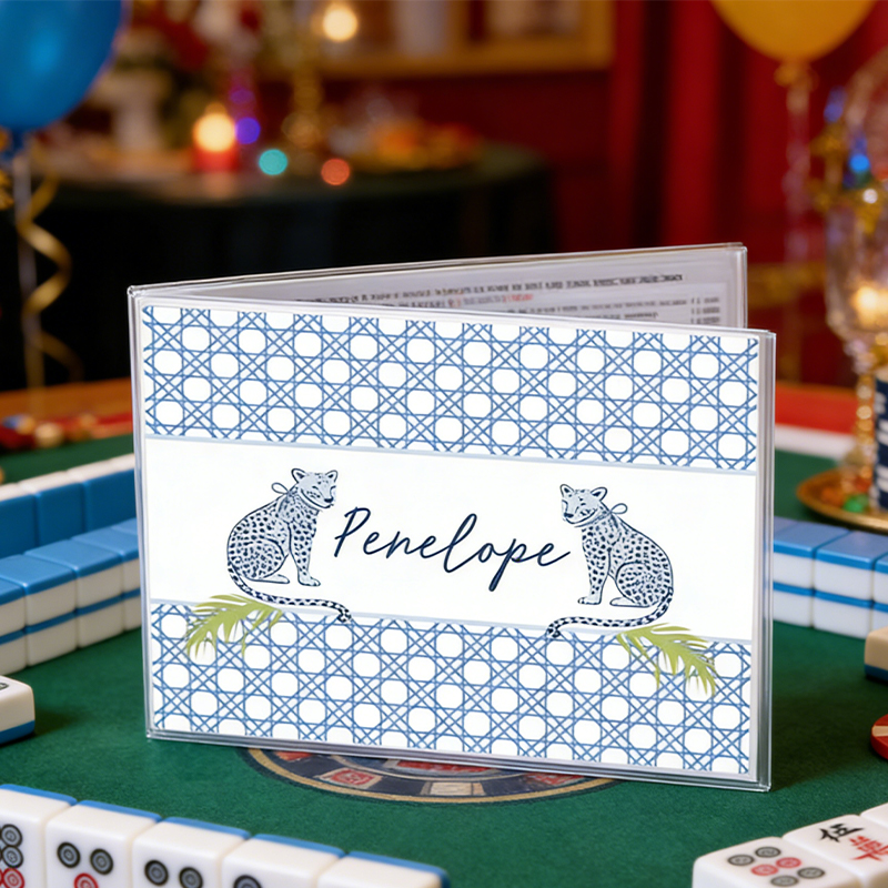 Personalized Blue Rattan Cheetah Mahjong Tile Cover Custom Name Tropical Palm Mahjong Tile Cover for Game Nights