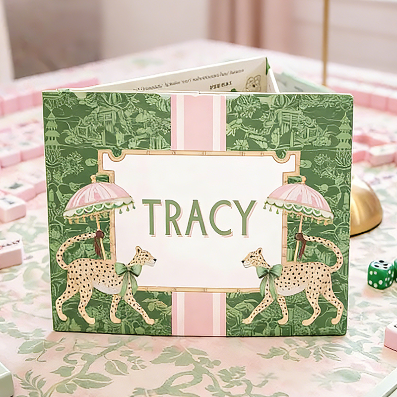 Personalized Green Pink Cheetah Mahjong Tile Cover Custom Text Bow Accent Mahjong Tile Cover for Mahjong Lovers Bridal Party 