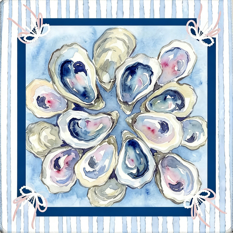 Coastal Oyster Shell Sea Blue Watercolor Marine Style Nautical Ocean Inspired Table Game Accessory Mahjong Mat