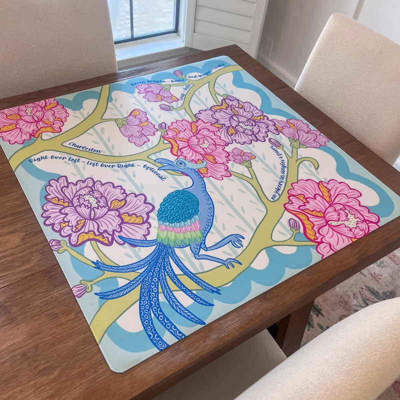 Colorful Phoenix and Peony Flower Pattern Lucky Symbol Asian Art Inspired Elegant Table Game Accessory Mahjong Mat