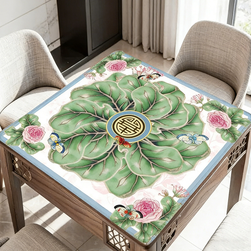 Lotus Leaf and Butterfly Pattern Elegant Art Style Prosperity Symbol Table Game Accessory Mahjong Mat