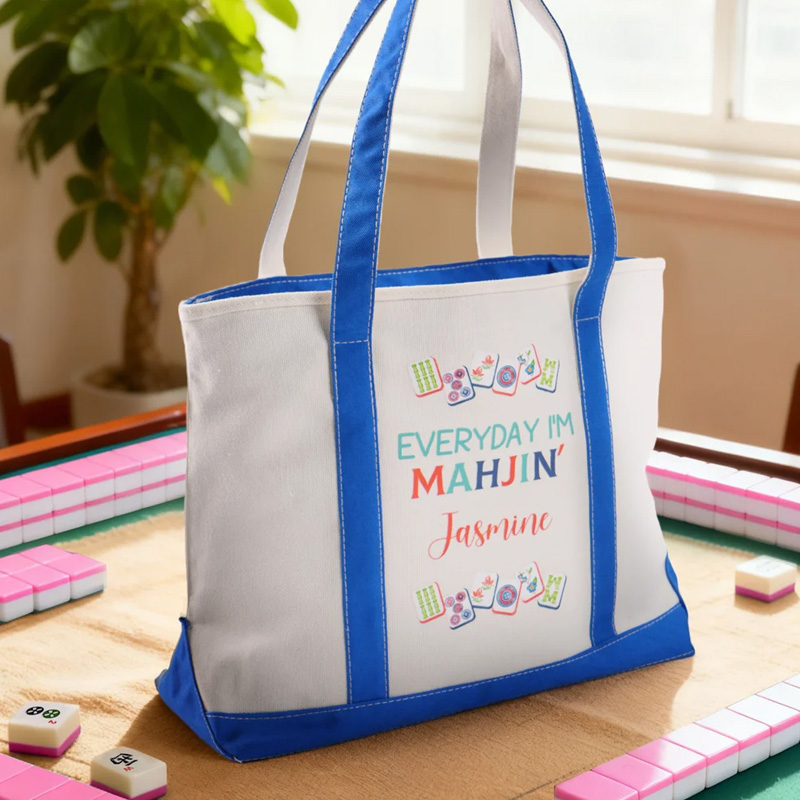 Personalized Mahjong Design Multicolor Canvas Tote Bag with Name Mahjong Club Birthday Gift for Family Friend Mahjong Player