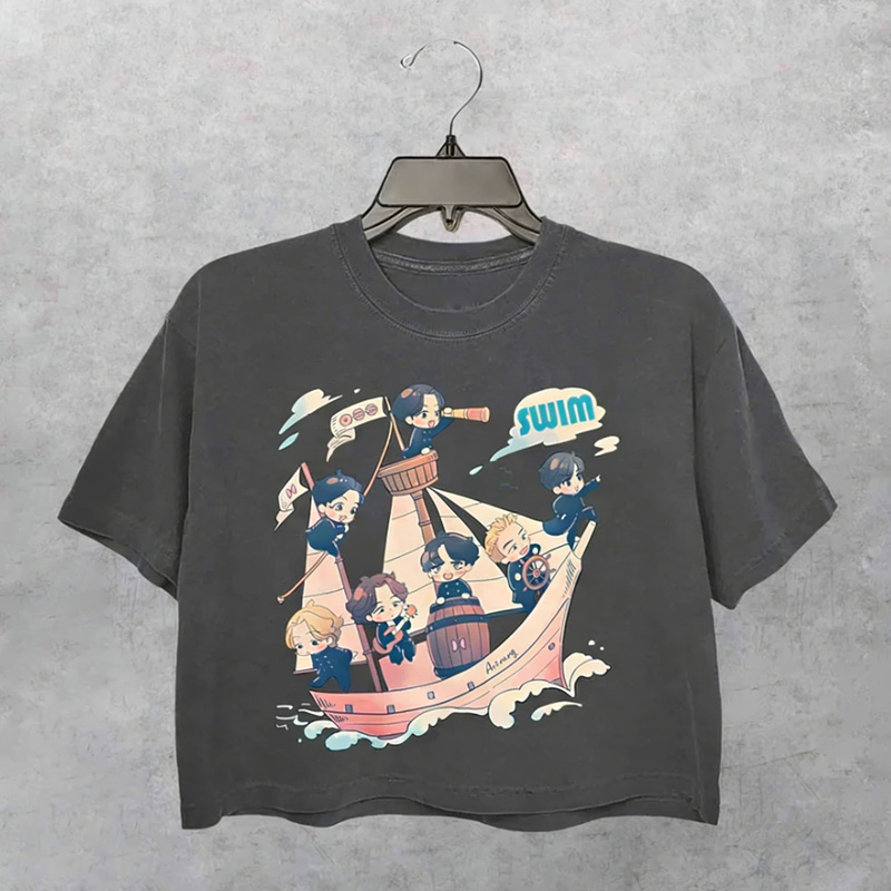 Kpop Cute Anime Style Pirate Ship Cartoon Graphic Casual Streetwear Short Sleeve Trendy Cropped Fans T Shirt