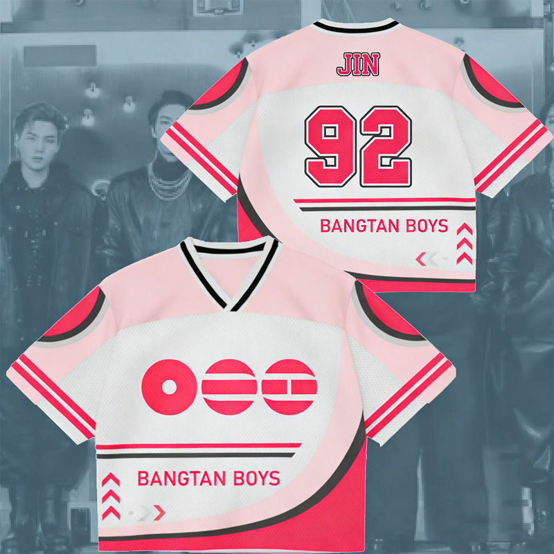 Pink White Kpop Inspired Sports Style Performance Outfit Fashion Unisex Top Short Jersey Custom Name Kpop Mesh Shirt
