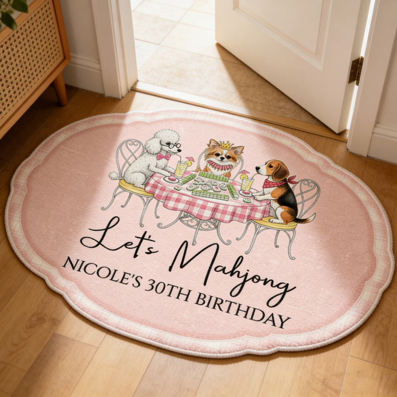 Personalized Cute Dog Cat Playing Mahjong Birthday Party Decorative Entryway Soft Pink Oval Floor Carpet Rug