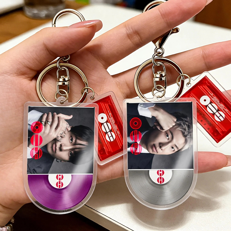 Personalized BTS Member Acrylic Keychain K-Pop Vinyl Record Cassette Charm Bangtan Boys Merch Gift for ARMY Cute Key Accessory Red Purple Vinyl Keyring