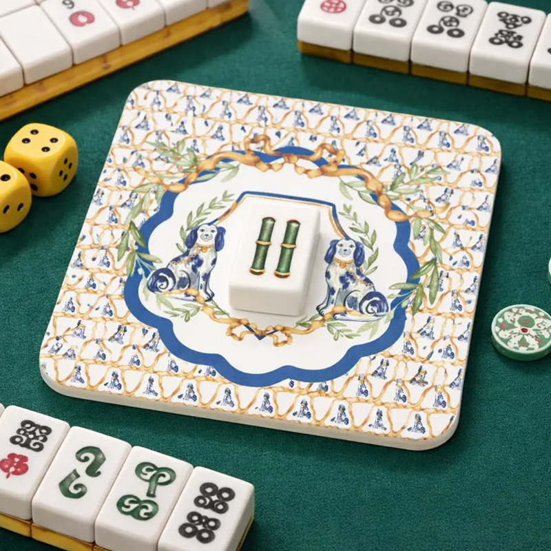 Elegant Blue White Dog Motif Bamboo Tile Pattern Decorative Table Protection Gift Mahjong Coaster
