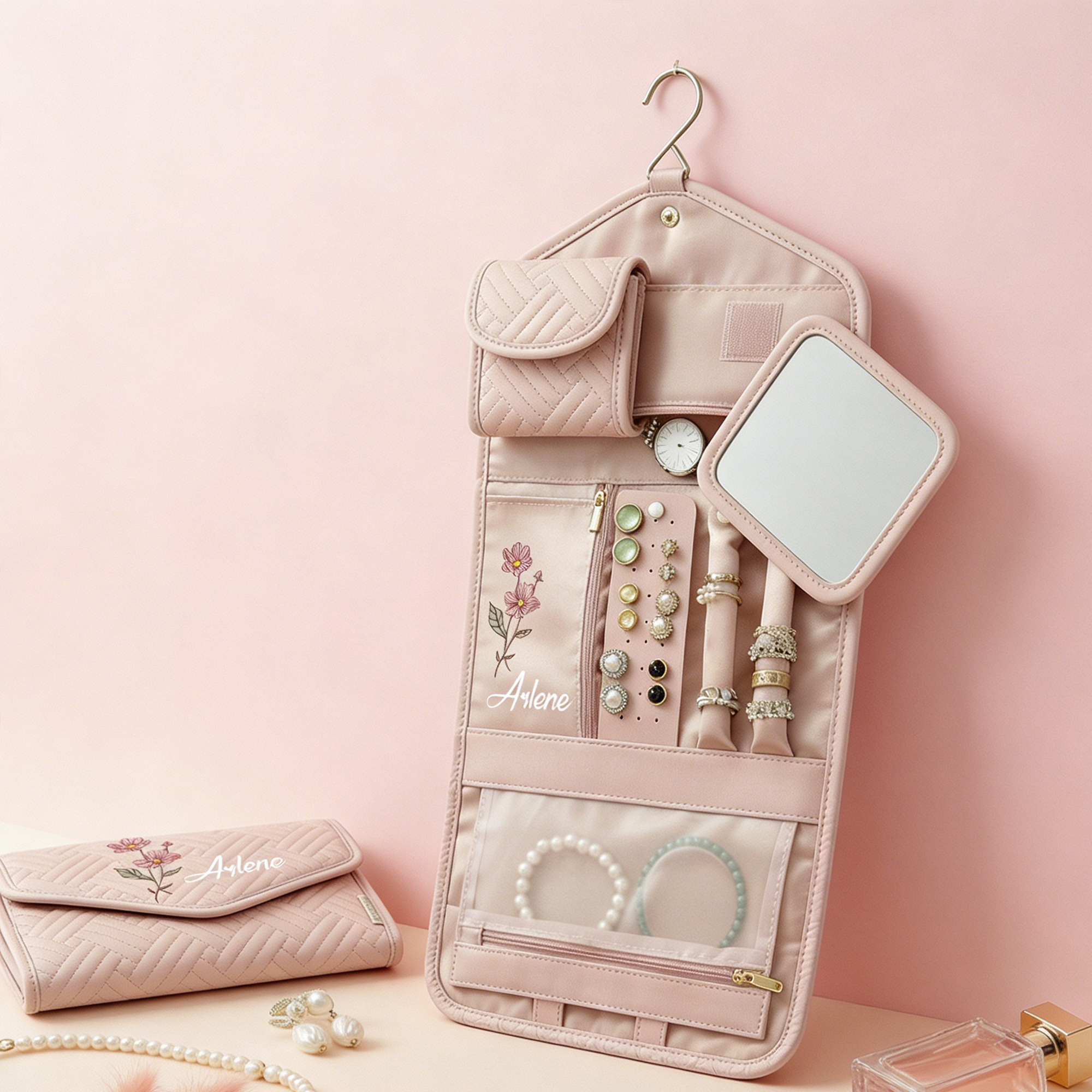 Personalized Jewelry Travel Organizer with Birth Flower and Name Foldable Modular Jewelry Case for Women Custom Gift for Traveler